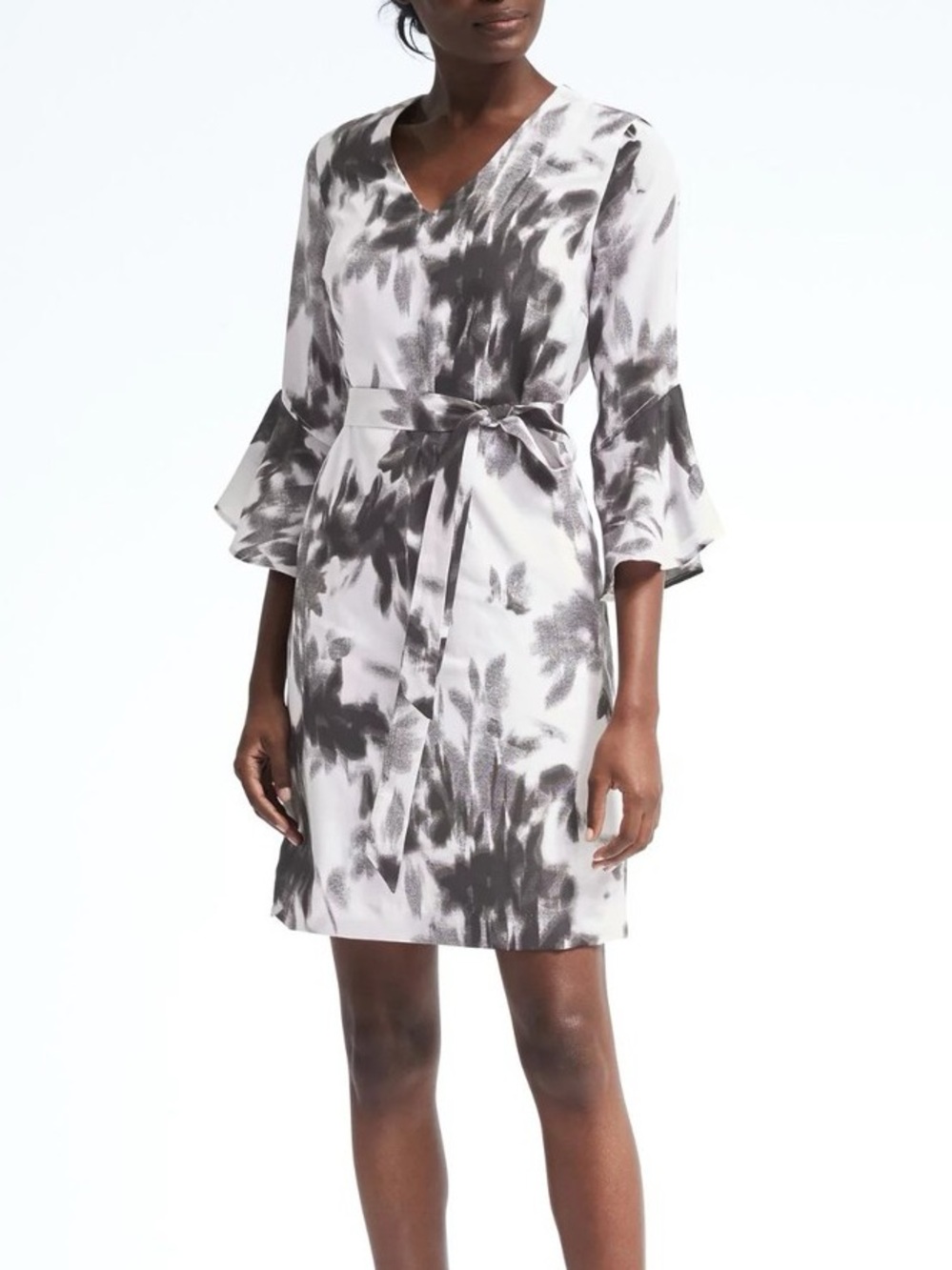 Banana Republic Print Bell-Sleeve Shift Dress, Black Print Size XS